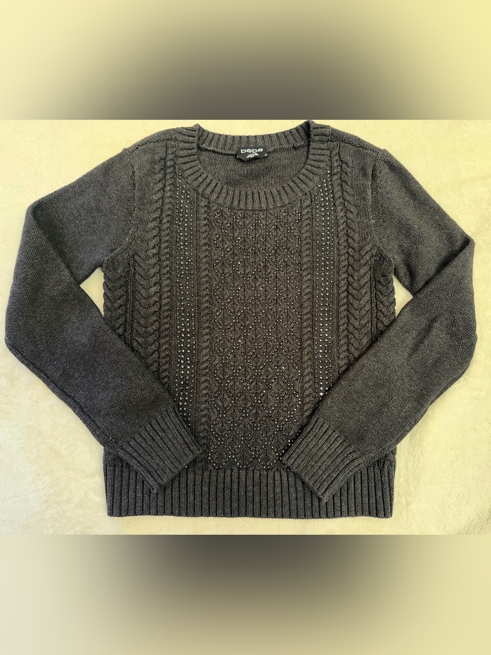 Bebe Black Rhinestone Cable Knit Sweater Beaded Embellished, Medium